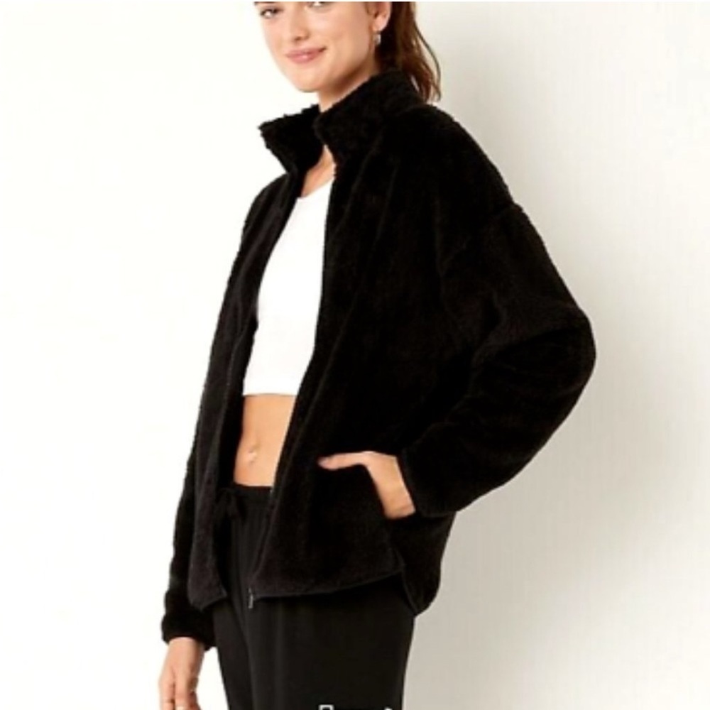 Victoria's Secret Pink Sherpa Full Zip Jacket Black Women's Fleece Jacket Size M - Picture 2 of 5